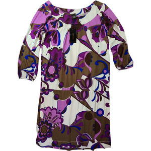 BCBG Max Azria Purple Floral Mini Dress Sz S Boho Stretch Rayon 3/4 Sleeve Y2K